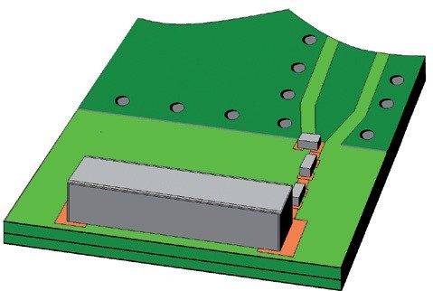 Obr. 2 Umístění a vyladění monopólové keramické antény, která může být naladěna na 2,4 GHz nebo 866 MHz a zabírá plochu pouze 6×11 mm